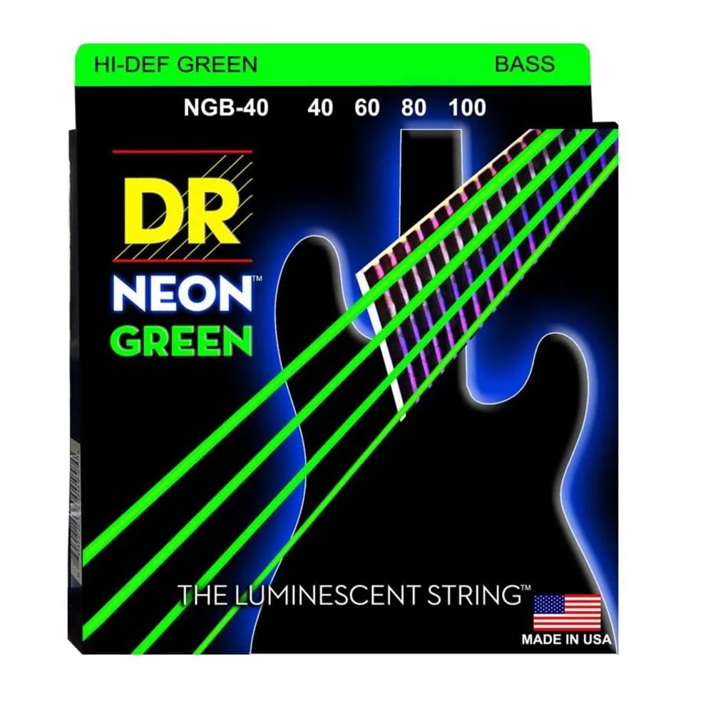 DR String NGB 40 Hi Def Neon Green Colored Bass Strings - Light - 40-100