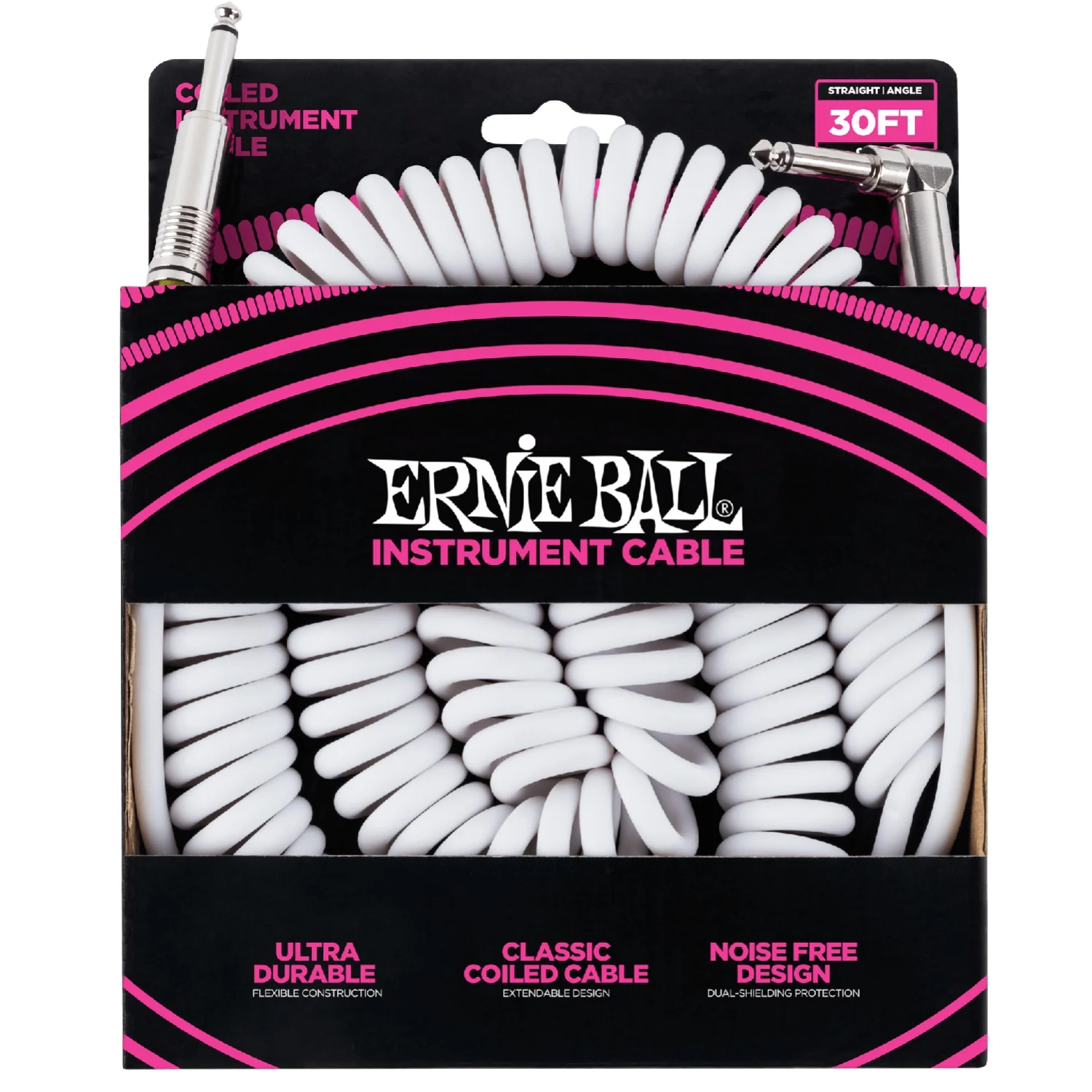 Ernie Ball 6045 30ft Straight-Angle Coiled Instrument Cable - White