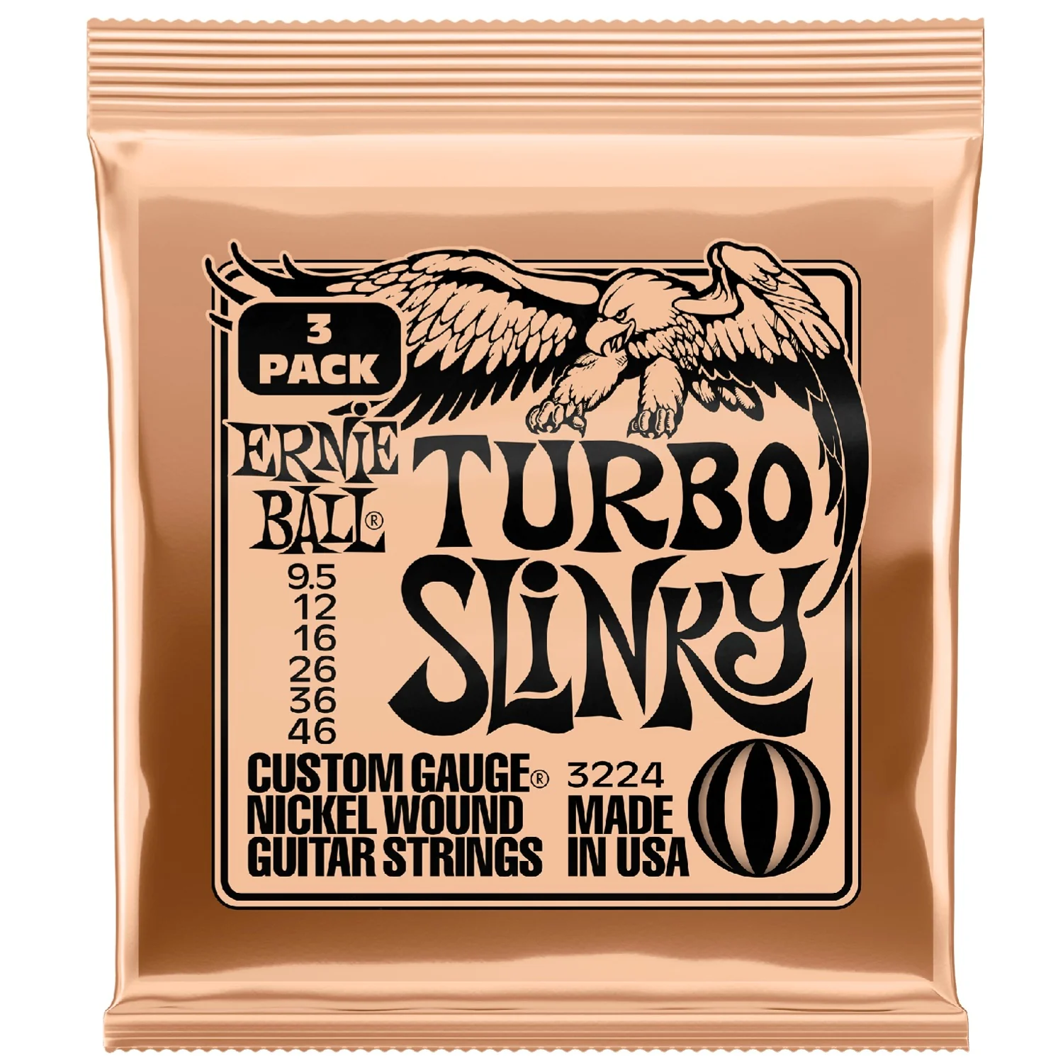 Ernie Ball 3224 Turbo Slinky Nickel Wound Electric Guitar String 3 Pack - .9.5-.46