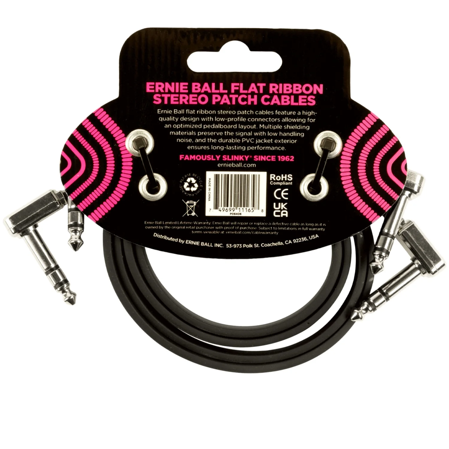 Ernie Ball 6406 24" Flat Ribbon Stereo Patch Cable - Black - Pack of 2 - Image 2