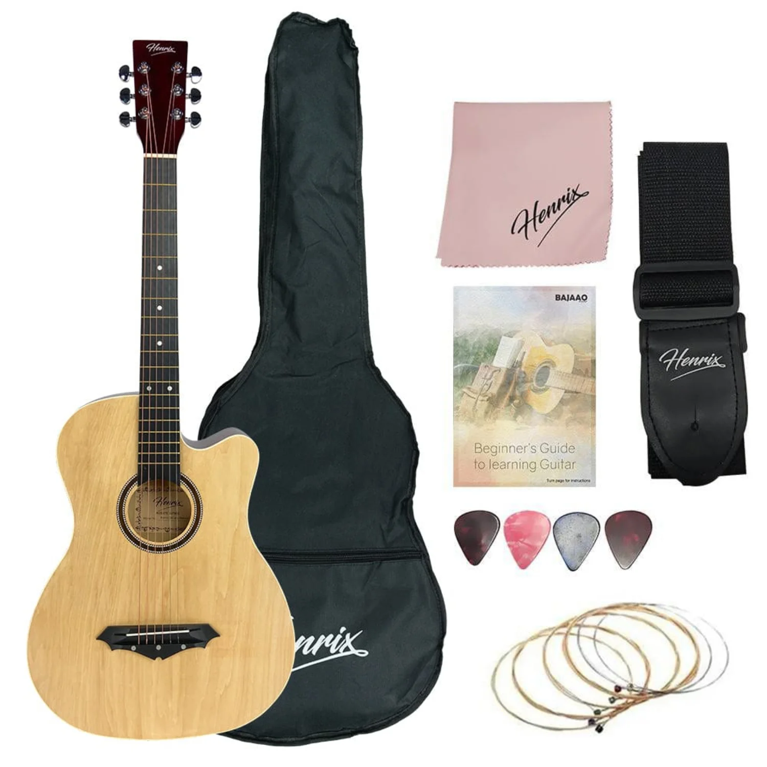 Henrix 38C 38 Inch Cutaway Acoustic Guitar with Dual Action Truss Rod, Gigbag, Picks, String Set, Strap, Cloth & Ebook - Image 11