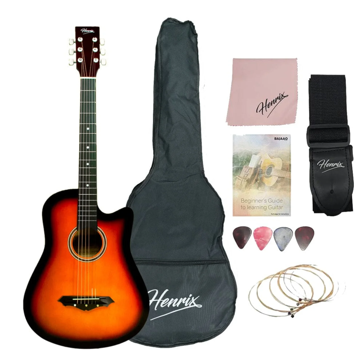 Henrix 38C 38 Inch Cutaway Acoustic Guitar with Dual Action Truss Rod, Gigbag, Picks, String Set, Strap, Cloth & Ebook - Image 79