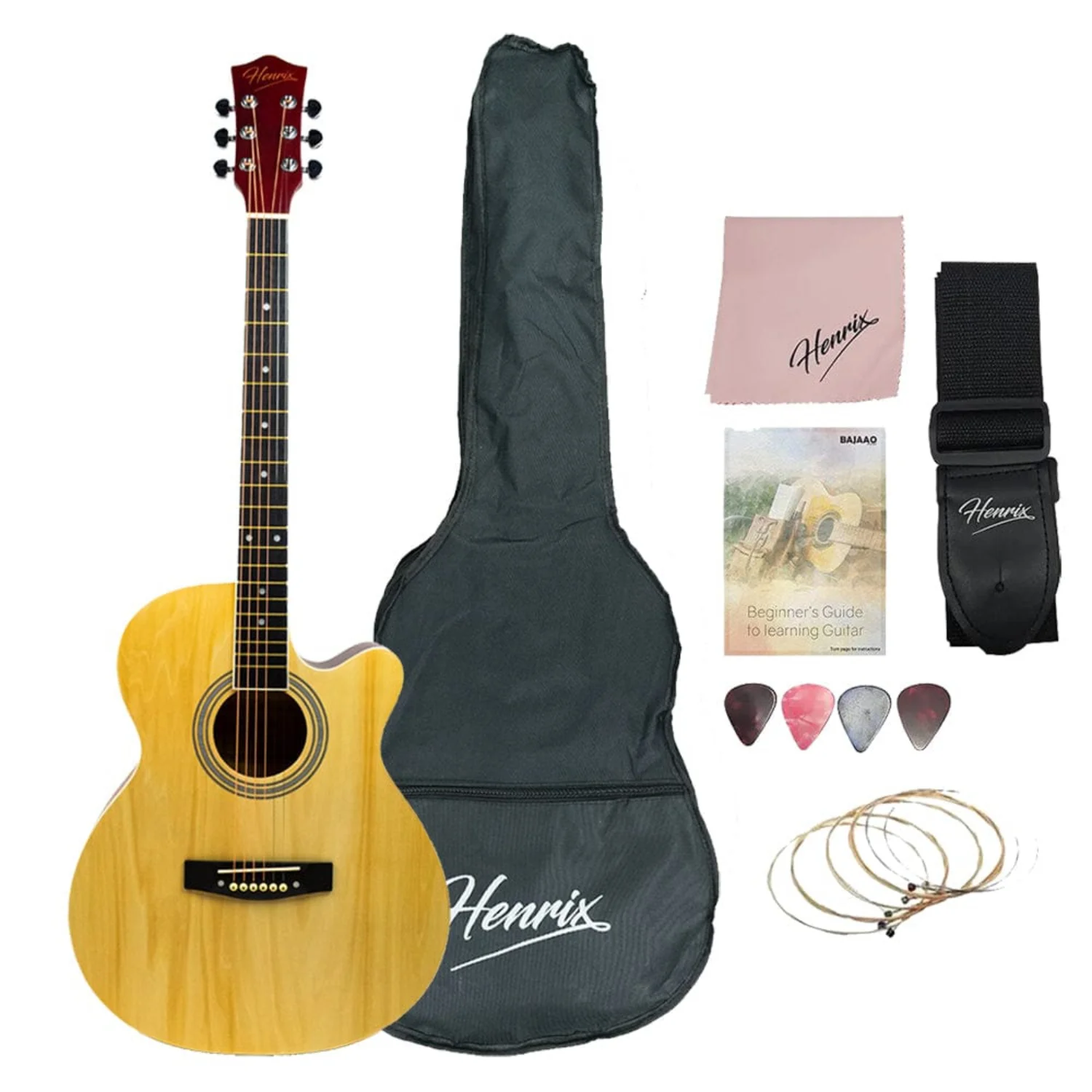 Henrix PRO 40C 40-Inch Cutaway Acoustic Guitar with Dual Action Truss Rod, Gigbag, Picks, String Set, Strap, Cloth & Ebook