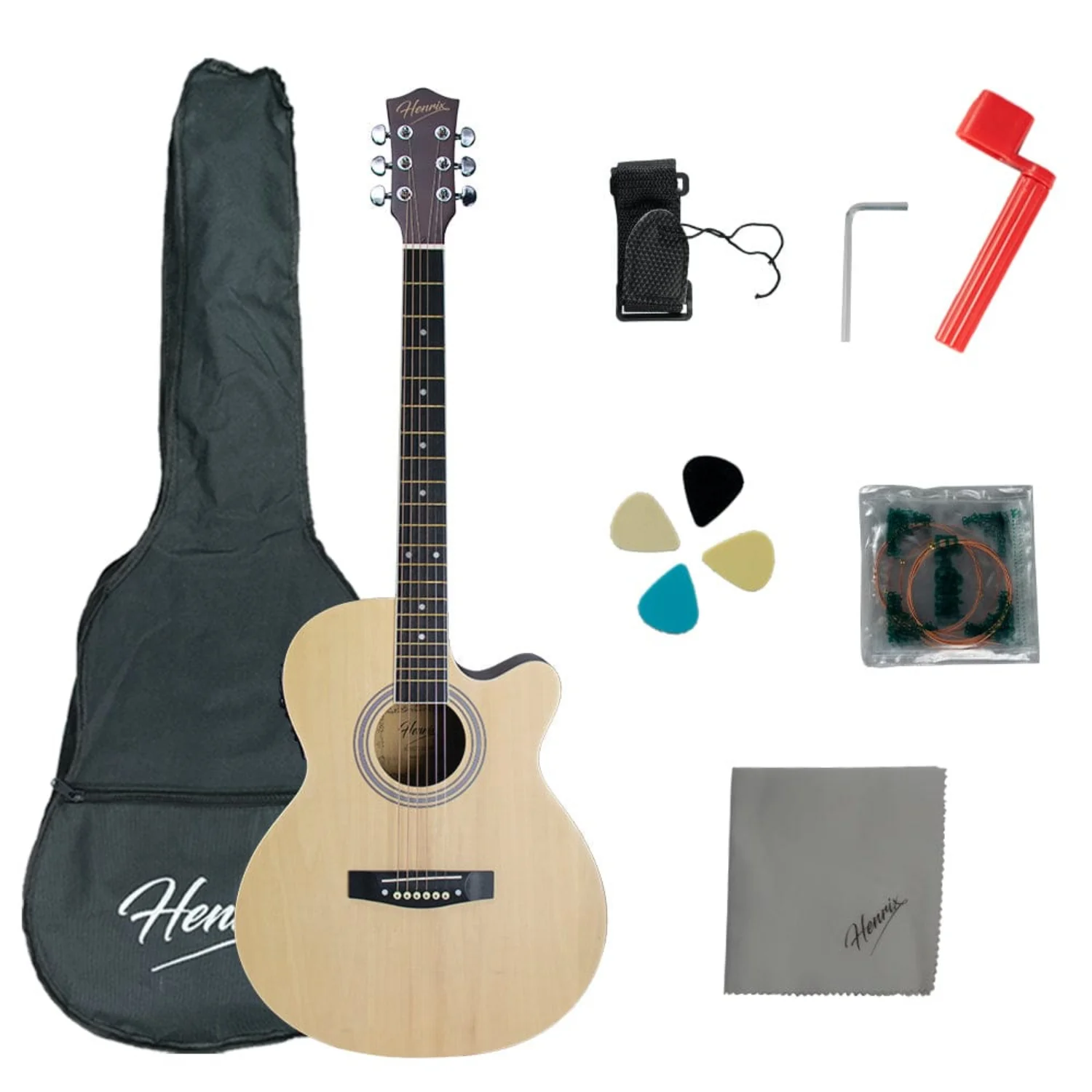 Henrix PRO 40C 40-Inch Cutaway Acoustic Guitar with Dual Action Truss Rod, Gigbag, Picks, String Set, Strap, Cloth & Ebook - Image 8