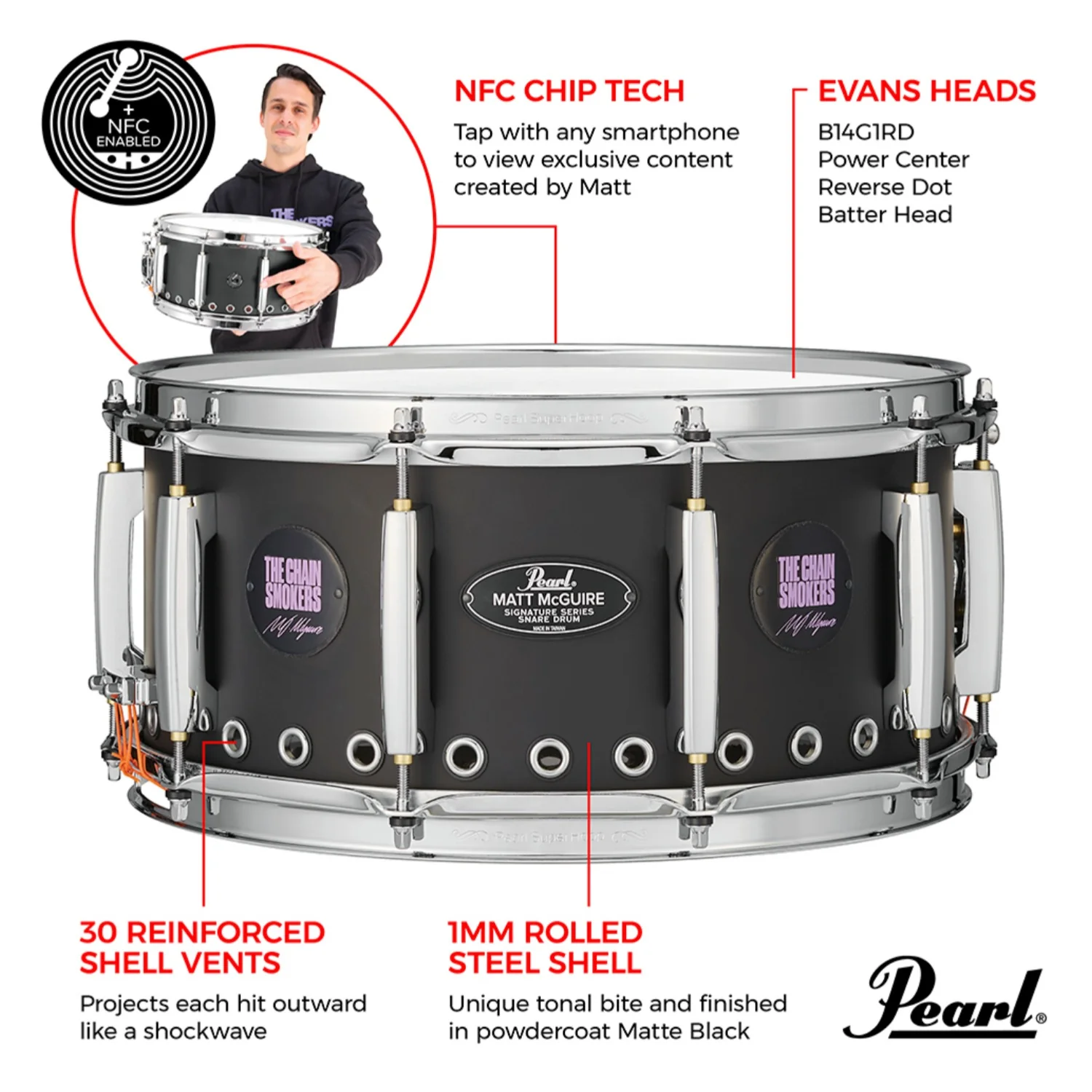 Pearl MM1465S/C 14" x 6.5" Matt McGuire Model Signature Snare Drum - Image 7