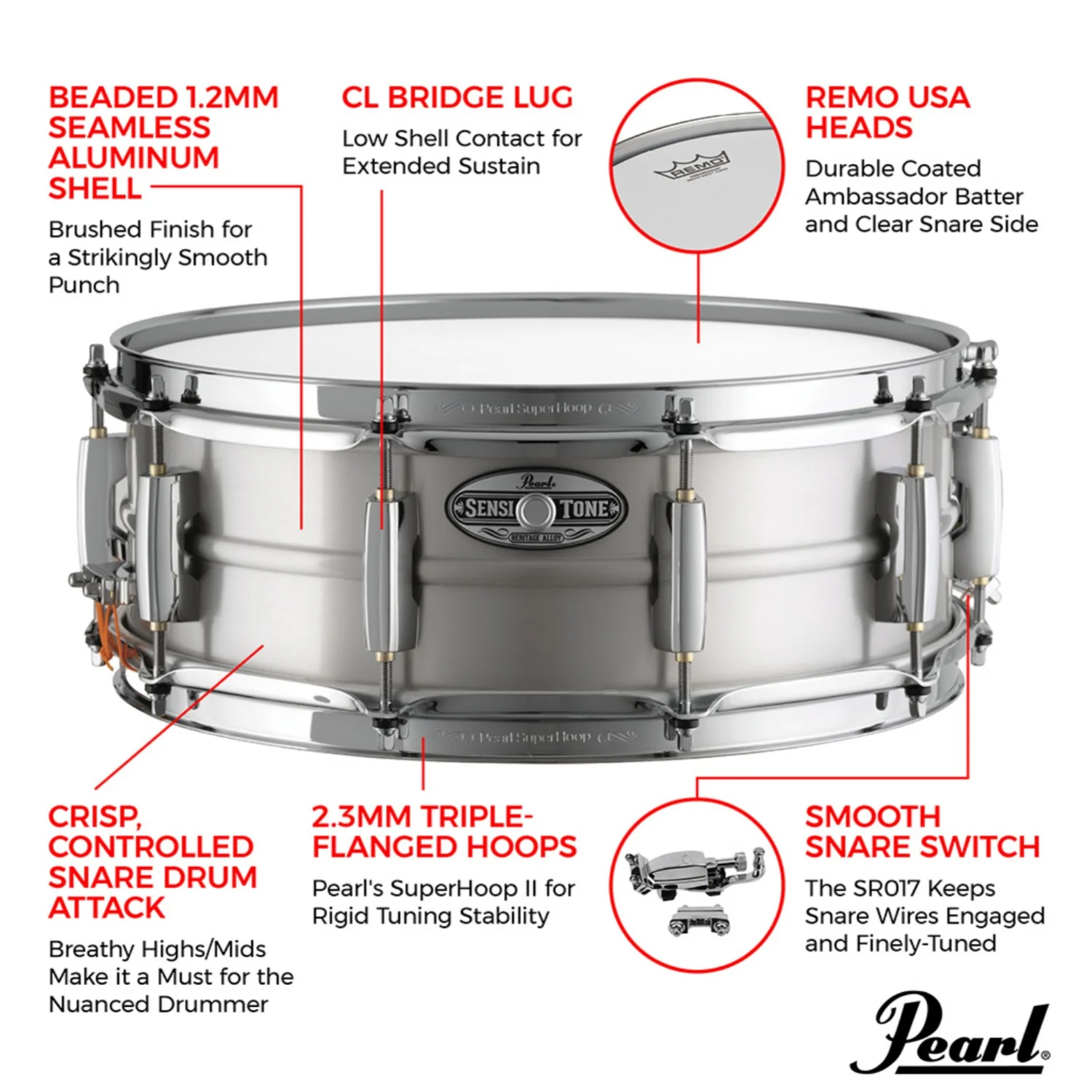 Pearl Sensitone Heritage Alloy Aluminum Snare Drum - Image 2