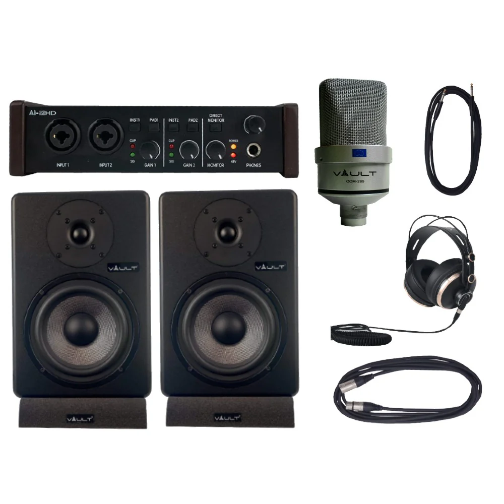 Vault Home Studio Pro Bundle - Vault Ai22HD 2x2 USB Audio Interface with 192kHz Recording, Bitwig 8-Track, Condenser Microphone, Studio Monitor, Studio Headphone, and Cables