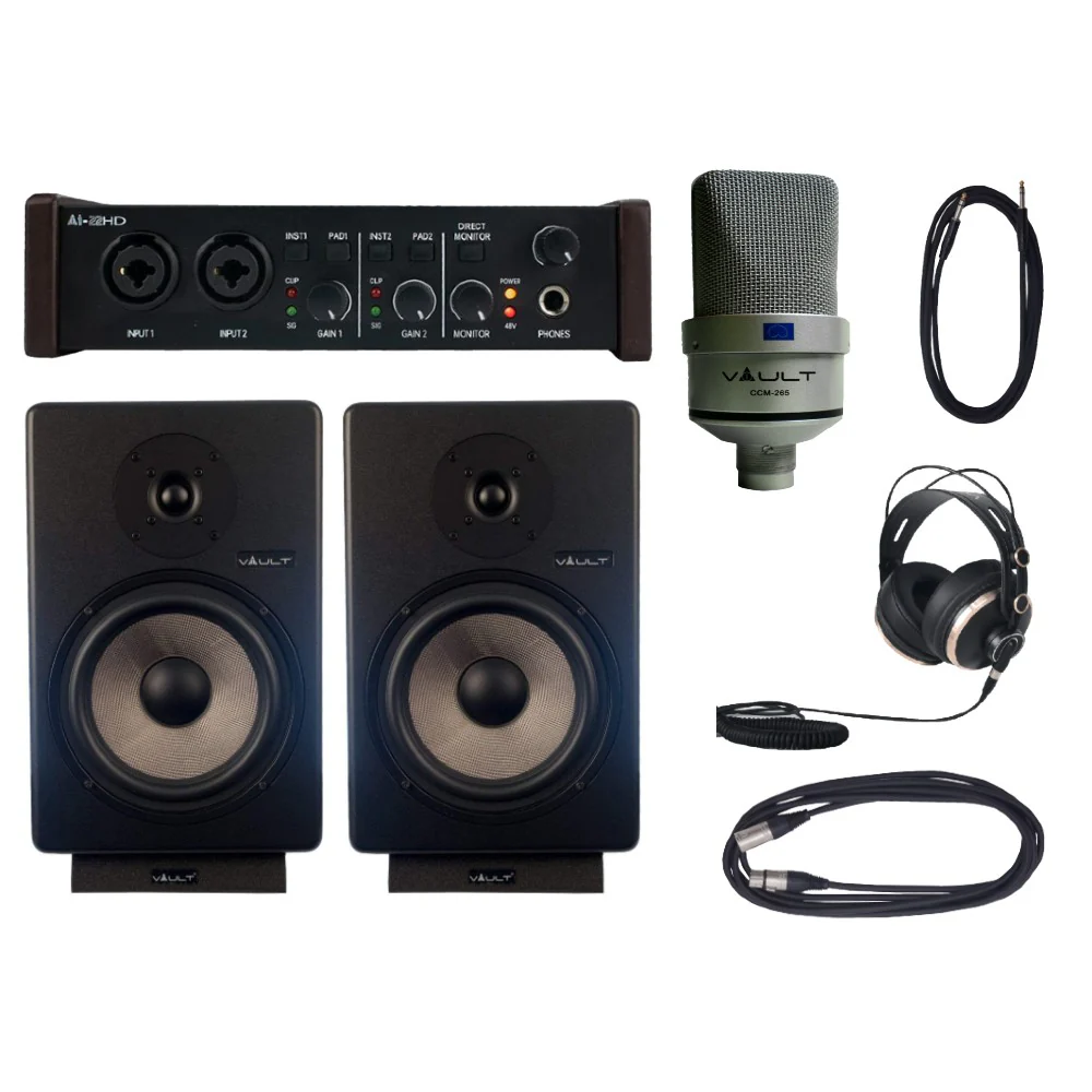 Vault Home Studio Elite Bundle - Vault Ai22HD 2x2 USB Audio Interface with 192kHz Recording,  Bitwig 8-Track Bundle, Condenser Microphone, Studio Monitor,  Studio Headphone, and Cables