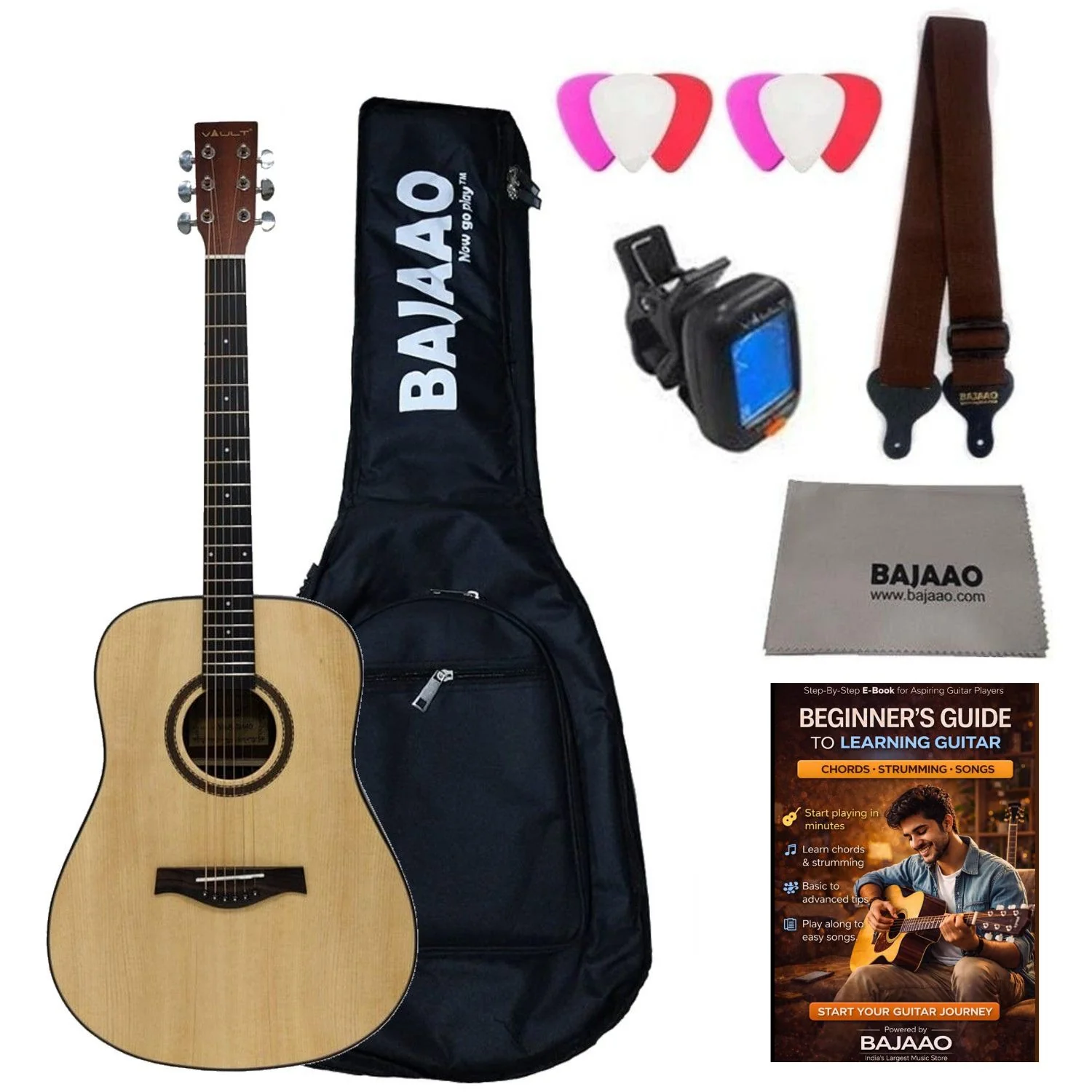 Vault DA40 41 Inch Premium Solid Spruce-Top Dreadnought Acoustic Guitar with Gigbag, Strap, Picks, Tuner, Polishing Cloth & Ebook