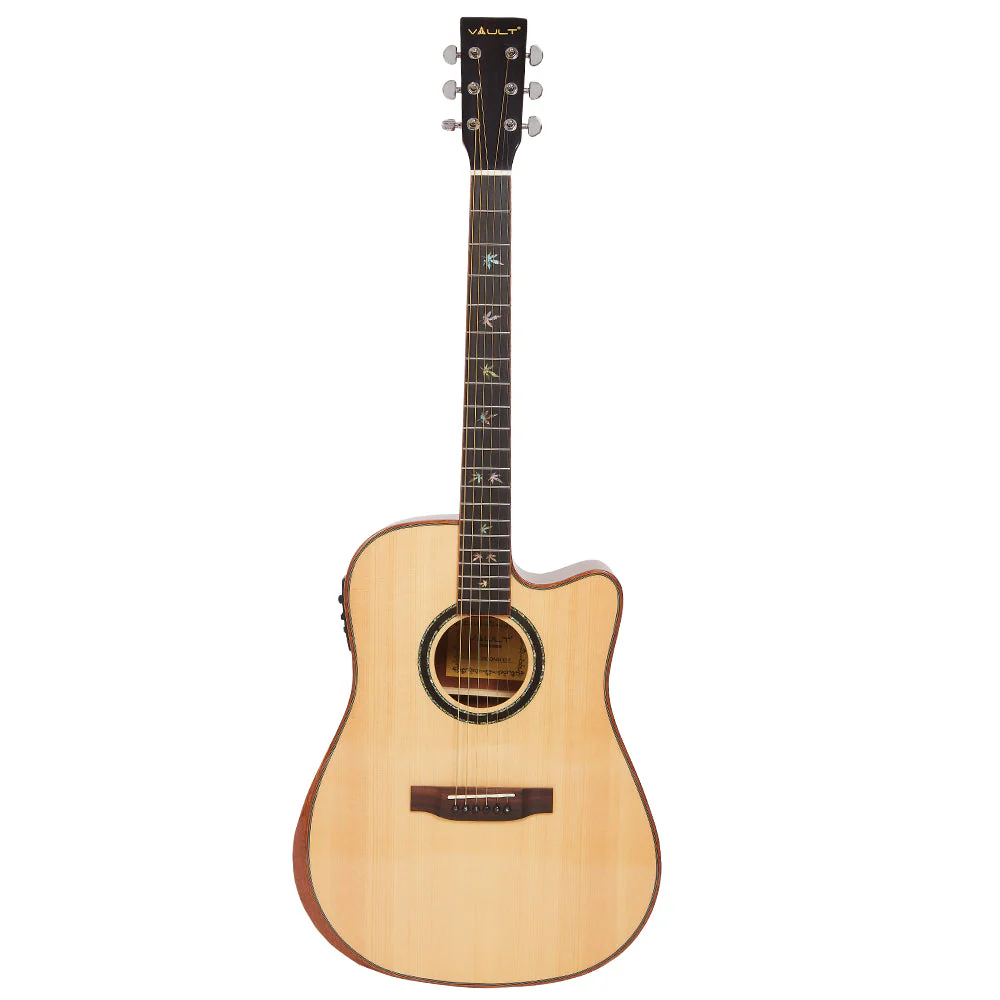 Vault DA60CE Premium Dreadnought Cutaway Solid Spruce Top Electro Acoustic Guitar with Dual EQ and Armrest