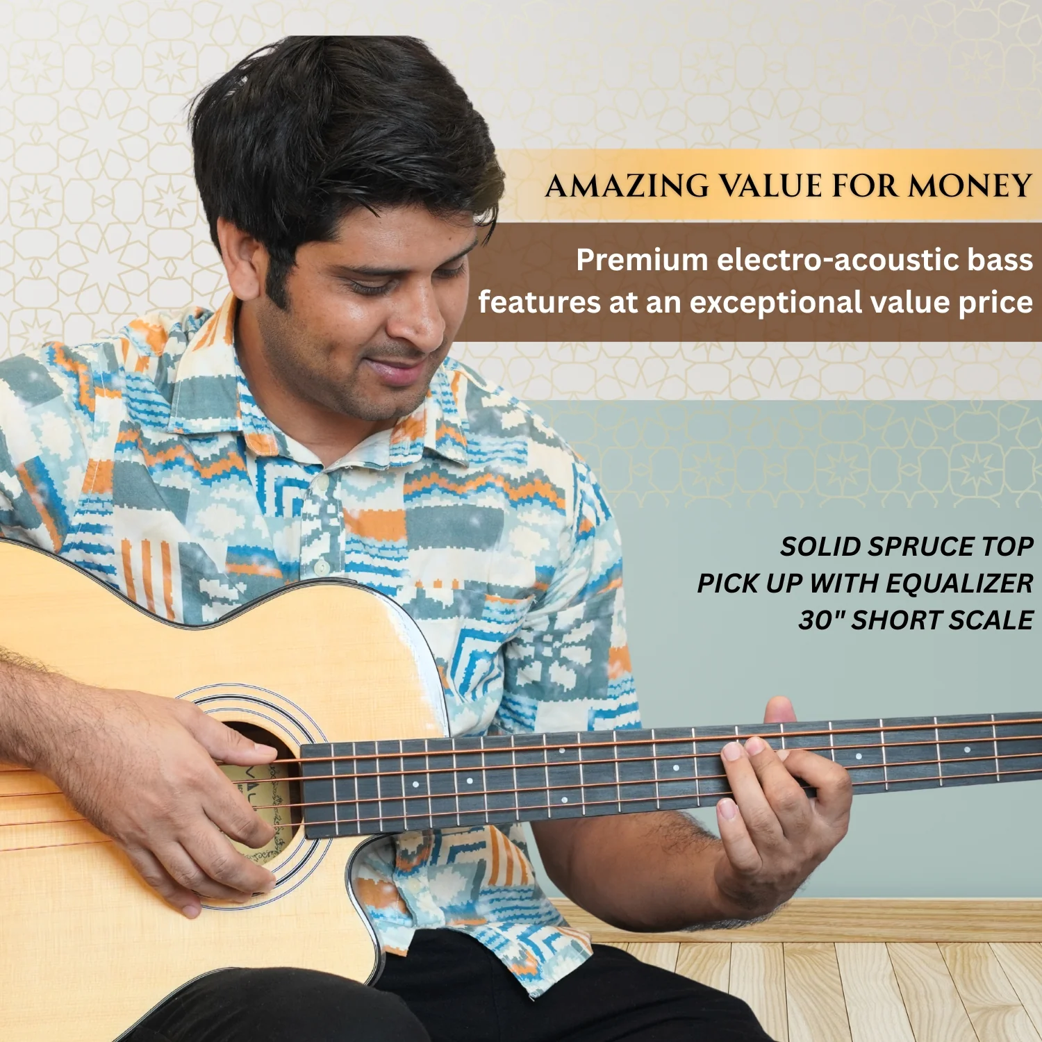 Vault EB40CE 4 String Solid-Top Acoustic Bass Guitar With EQ and Padded Gigbag - 34" Long Scale Length - Image 24
