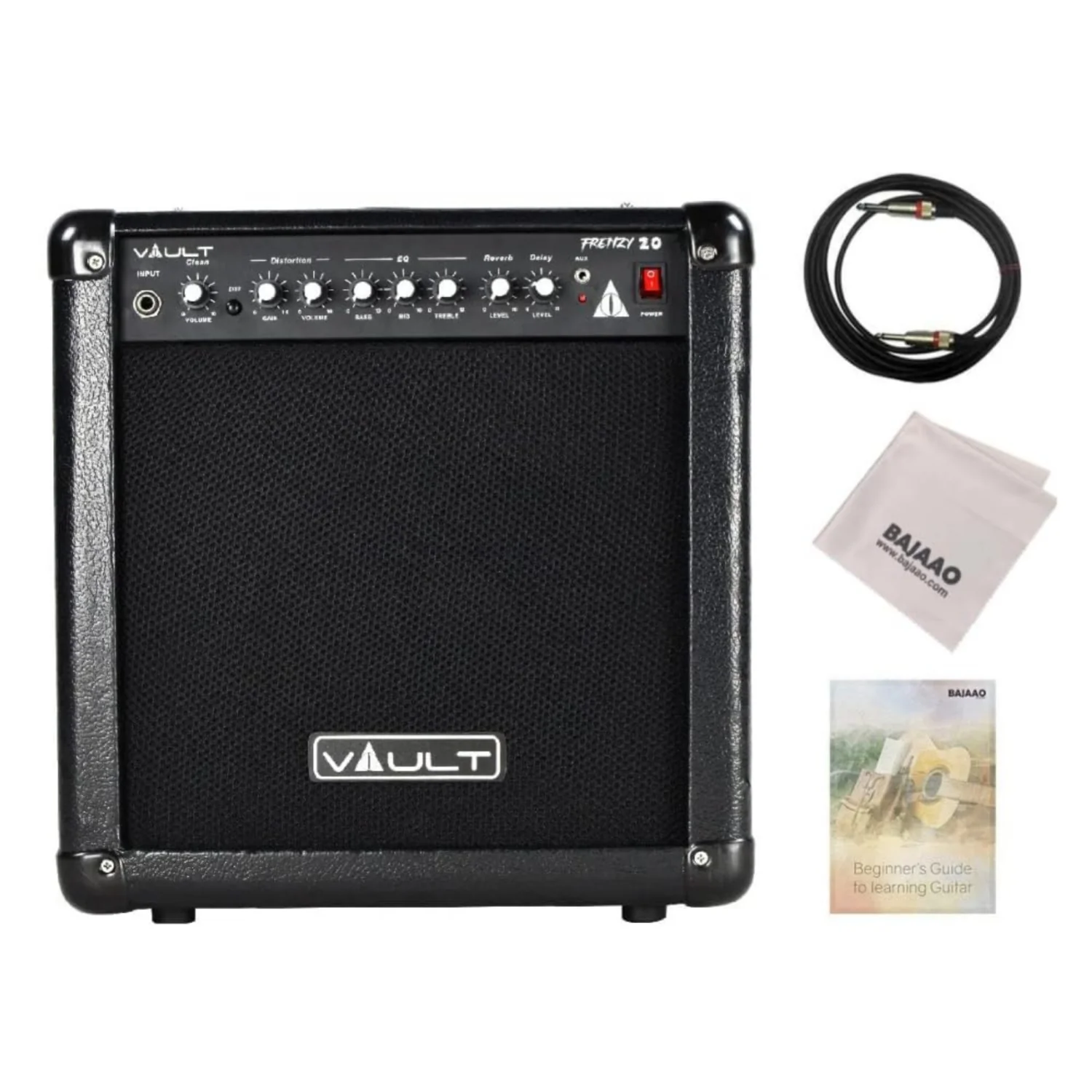 Vault Frenzy 20 Watt Combo Guitar Amplifier with Analog Distortion, Reverb & Delay All Playable Together with Instrument Cable, Polishing Cloth and E Book