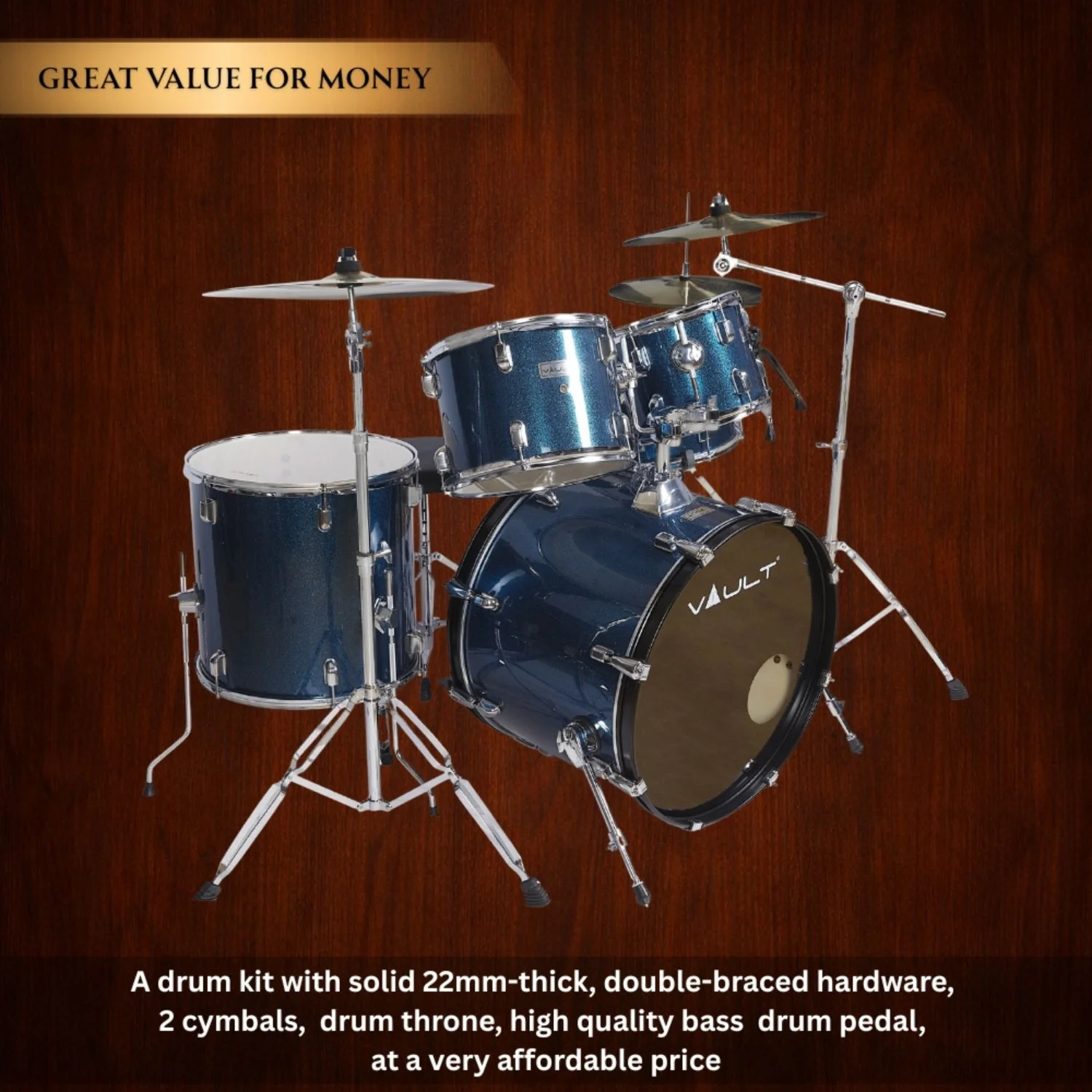 Vault Groover 22" 5-Piece Acoustic Drum Kit with Hardware, Cymbals & Throne - Image 3