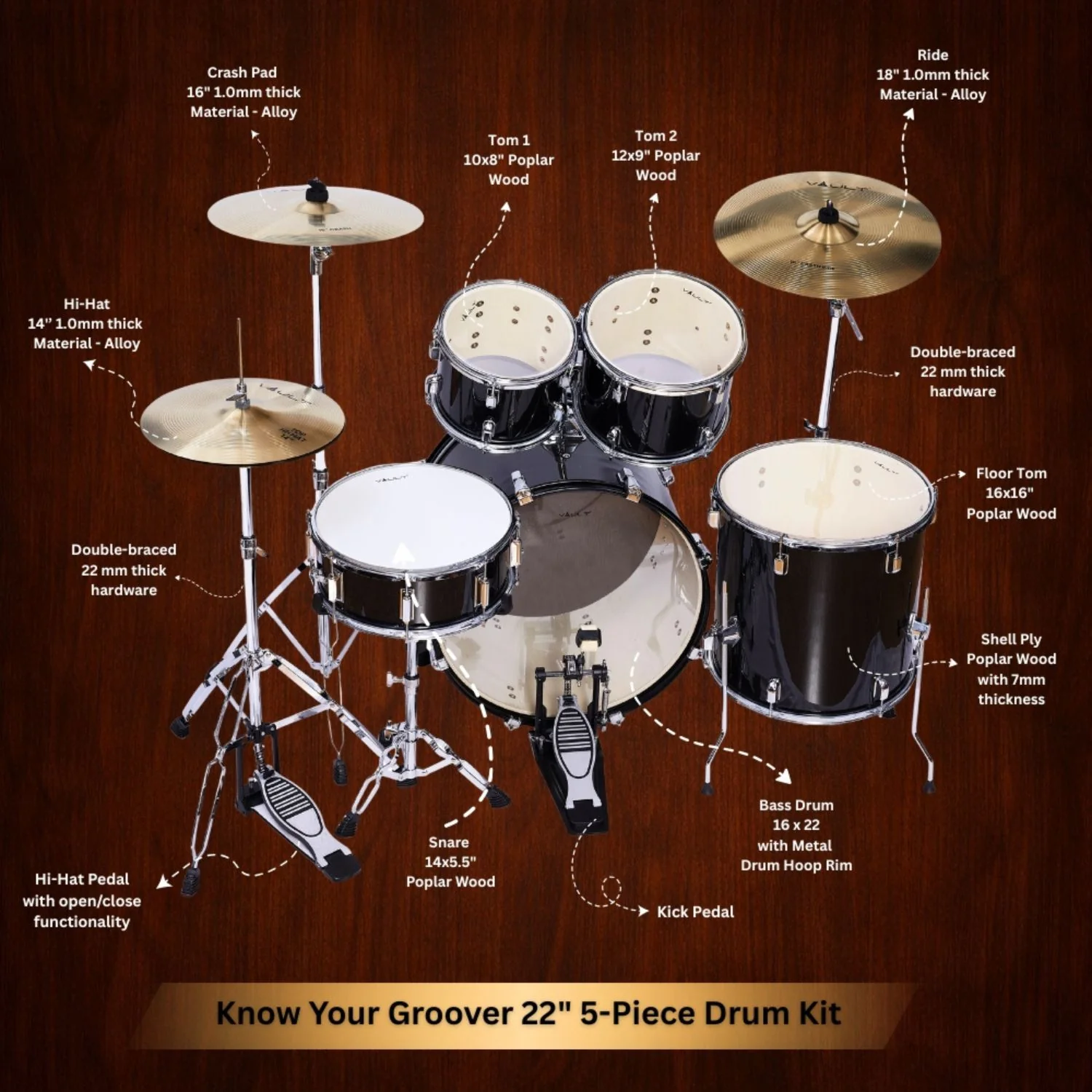 Vault Groover 22" 5-Piece Acoustic Drum Kit with Hardware, Cymbals & Throne - Image 38