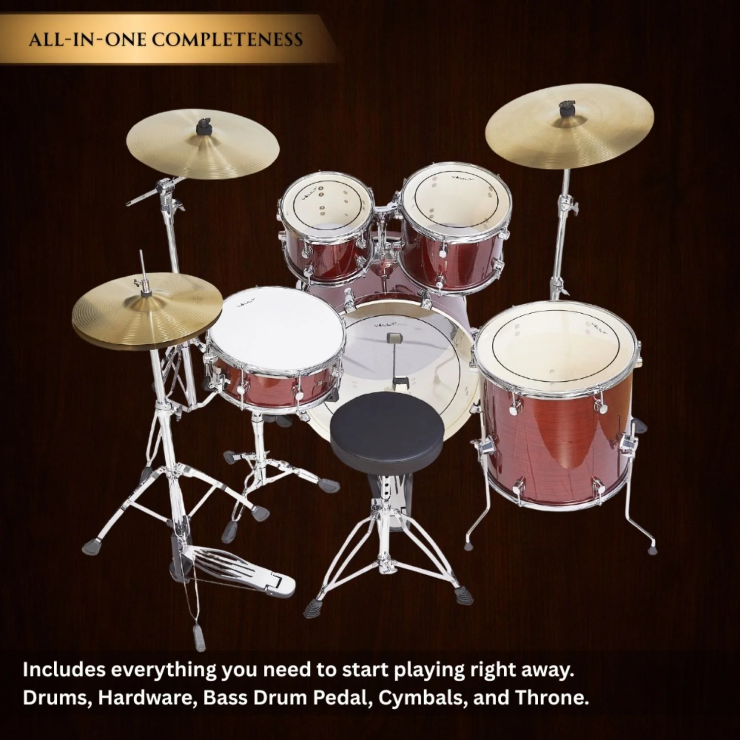 Vault Groover Plus 5-Piece Acoustic Drum Kit with Hardware, Cymbals & Throne - Image 2