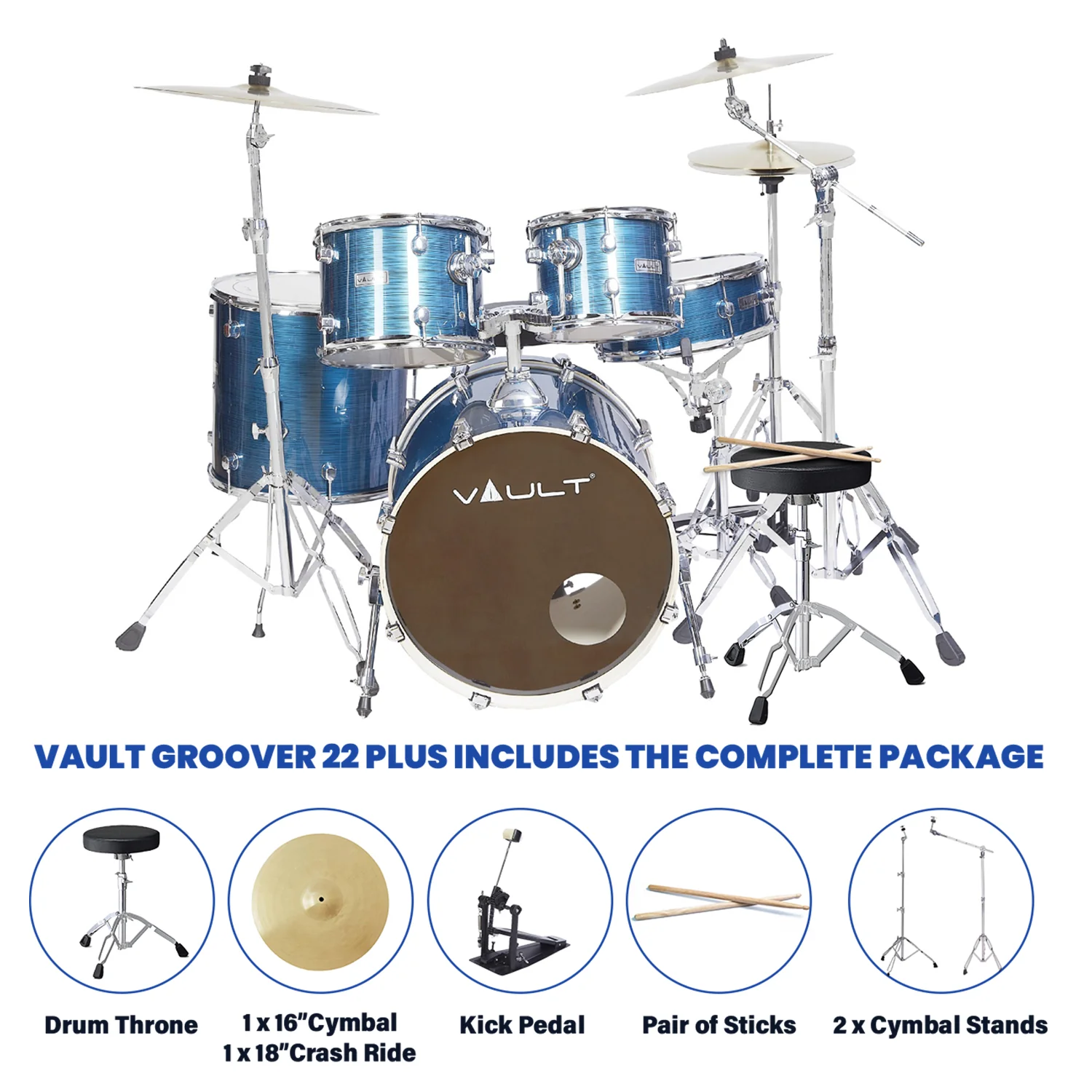 Vault Groover Plus 5-Piece Acoustic Drum Kit with Hardware, Cymbals & Throne - Image 27