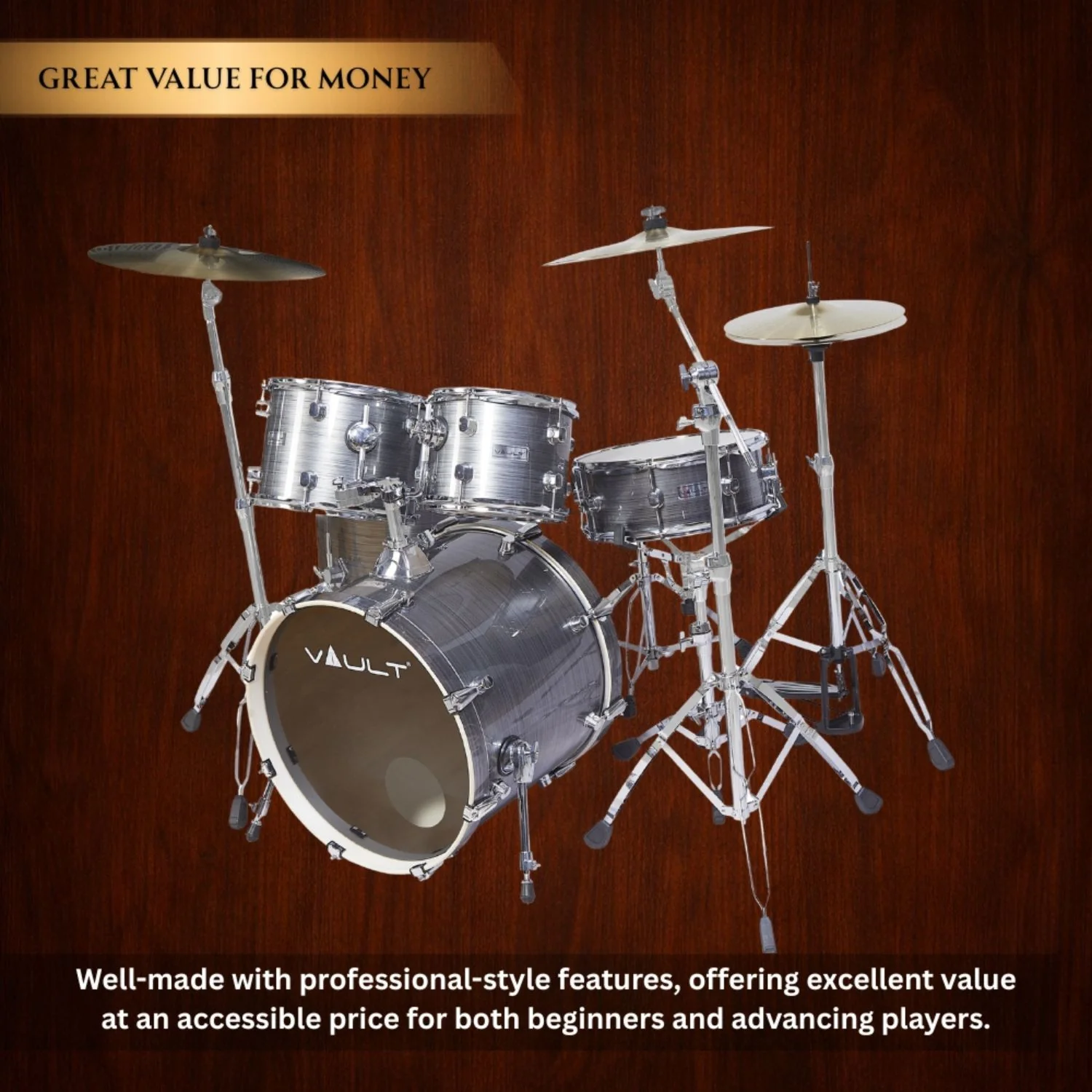 Vault Groover Plus 5-Piece Acoustic Drum Kit with Hardware, Cymbals & Throne - Image 48