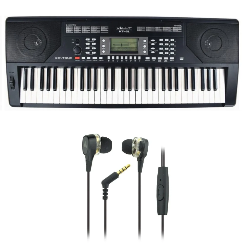 Vault KT-61 Keytone Touch Sensitive 61-Key Keyboard - Black with Vault Buds Duo Dual Driver Earphones