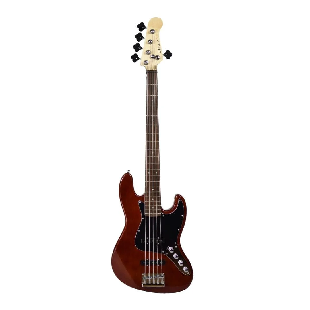 Vault Performer Pro JB5 String Electric Bass Guitar with Gigbag - High Gloss Solid Mahogany - Image 2