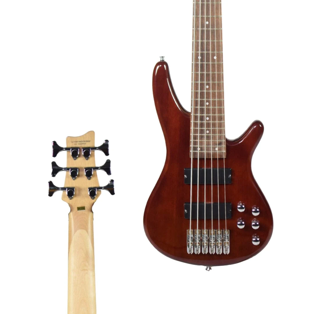 Vault Performer Pro RB6 Six String Electric Bass Guitar with Gigbag - High Gloss Solid Mahogany - Image 5