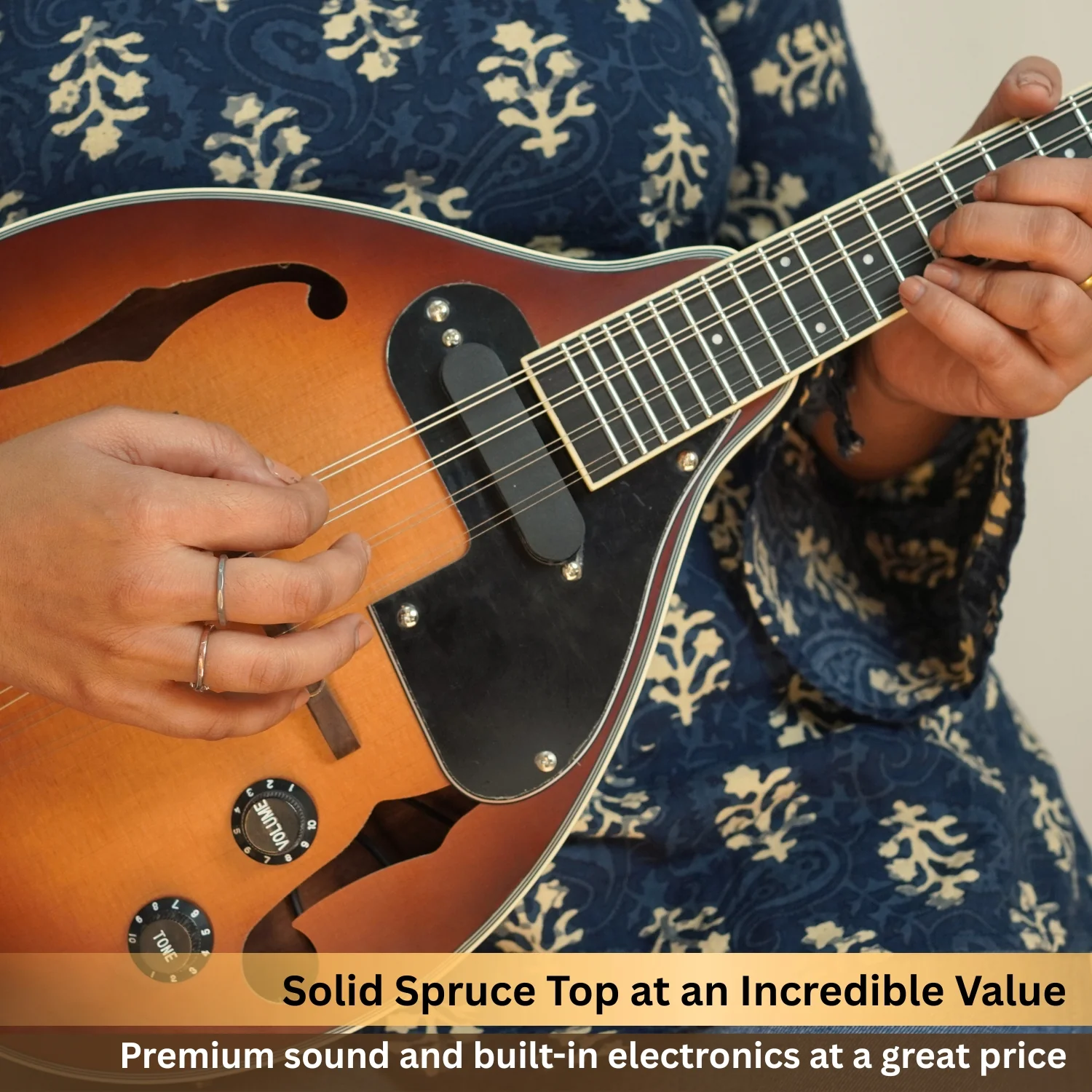 Vault Sajni A-Style Solid Spruce Top Electro-Acoustic Mandolin – Tobacco Sunburst, with EQ & Bag - Image 6