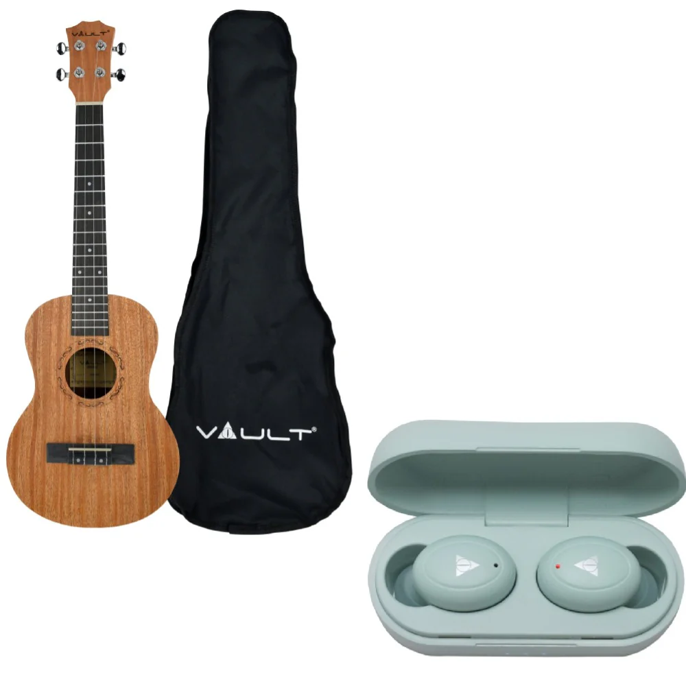 Vault UK-2000T 26-Inch Solid Mahogany Top Premium Tenor Ukulele With Gigbag with Vault Play True Wireless Earbuds - Image 12